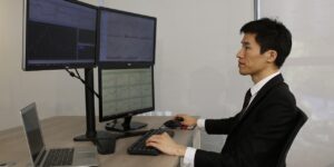 computer, office, business, laptop, desk trader in the financial multi-screen