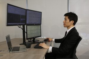 computer, office, business, laptop, desk trader in the financial multi-screen